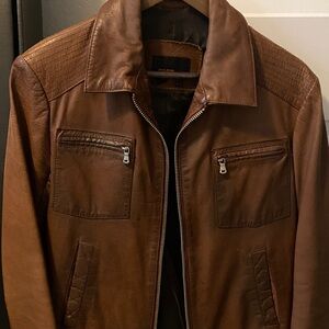 Zara Brown Leather Bomber Jacket